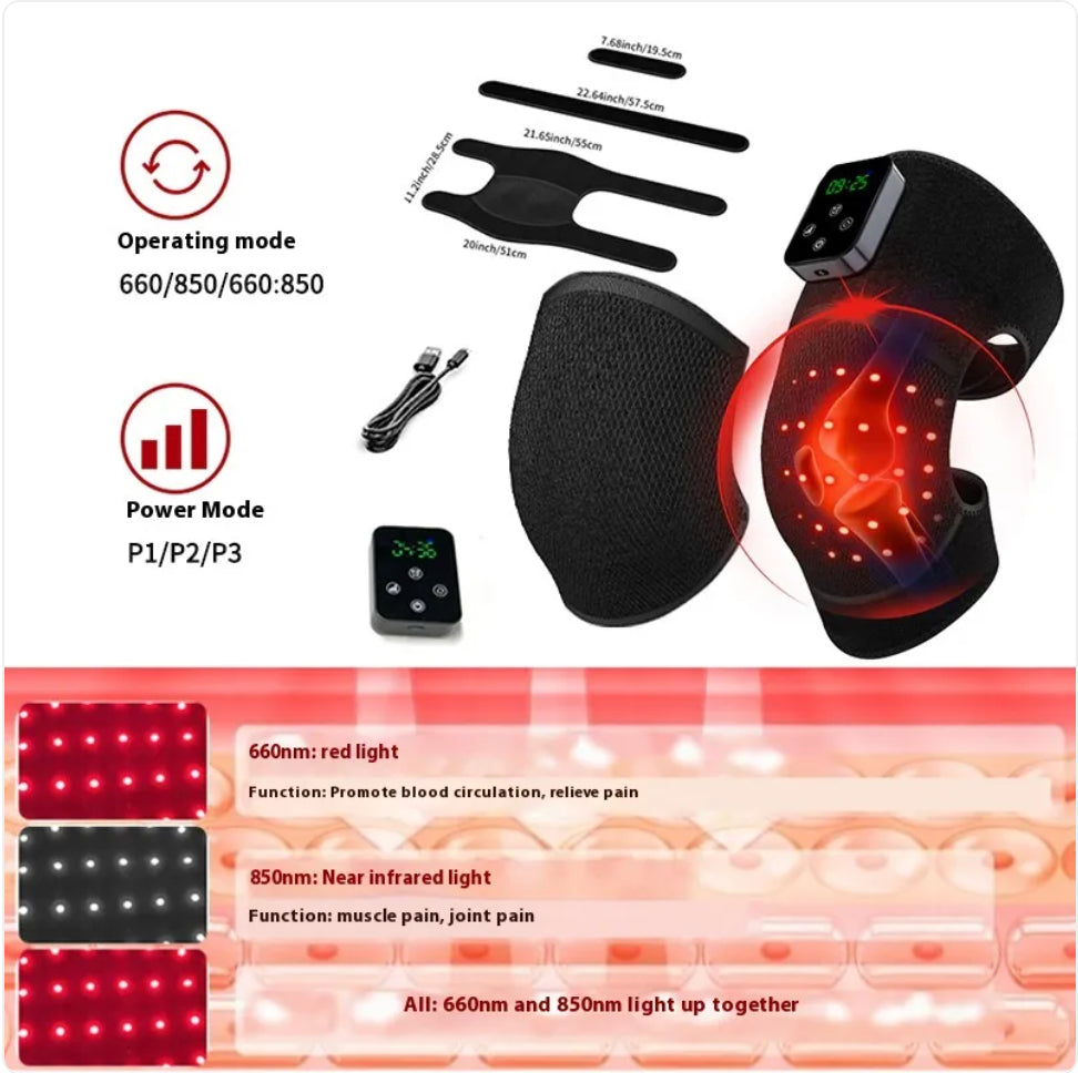 Faixa de joelho com LEDs vermelhos, controle e acessórios, painel com modos e intensidade