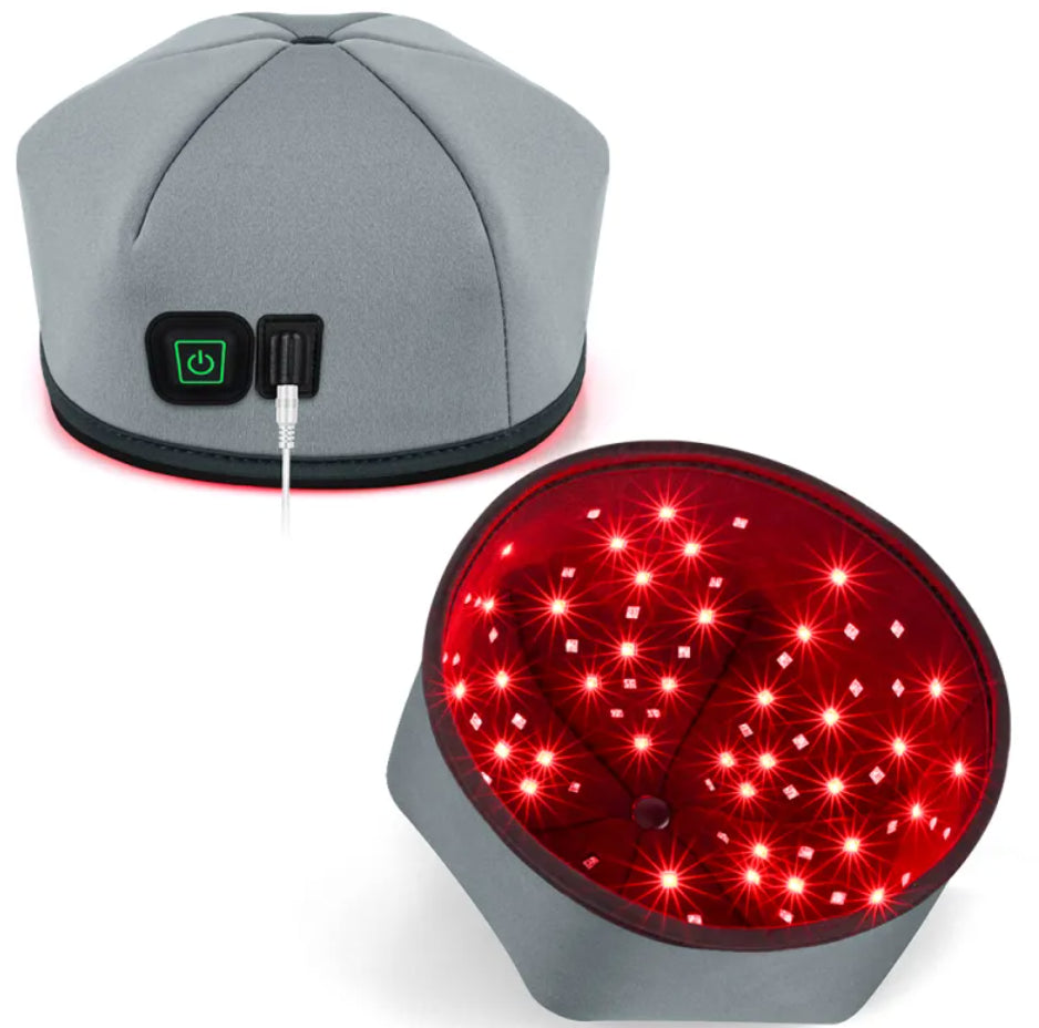 Massageador capilar LED com luz vermelha e botão liga/desliga na base cinza
