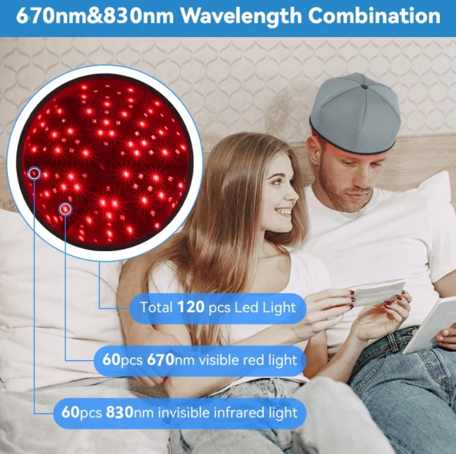 Massageador capilar LED com painel de LEDs vermelhos, usado na cabeça