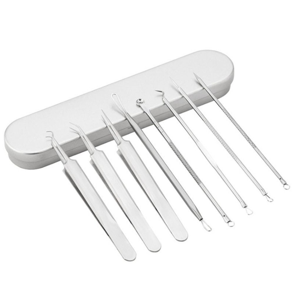 Conjunto de 8 ferramentas para acne com ponteiras metálicas e estojo branco