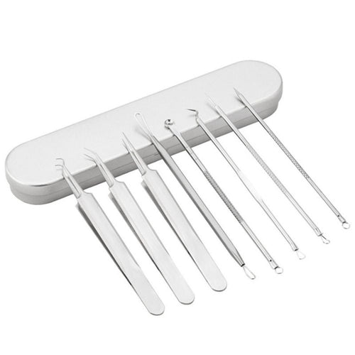 Conjunto de 8 ferramentas para acne com ponteiras metálicas e estojo branco