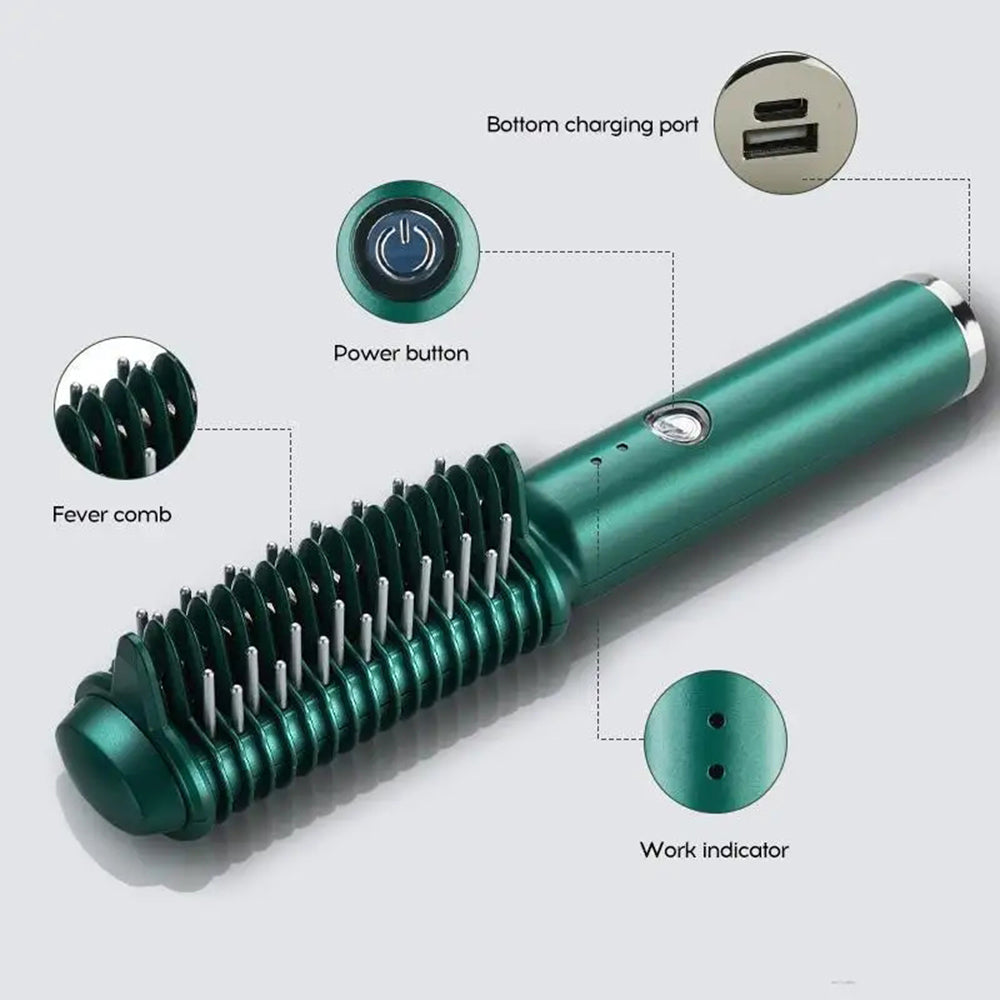 Pente elétrico verde com dentes térmicos e botão de energia, com indicador de trabalho