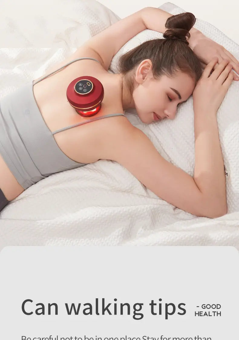 Massageador elétrico de sucção portátil vermelho com luz vermelha, em uso nas costas