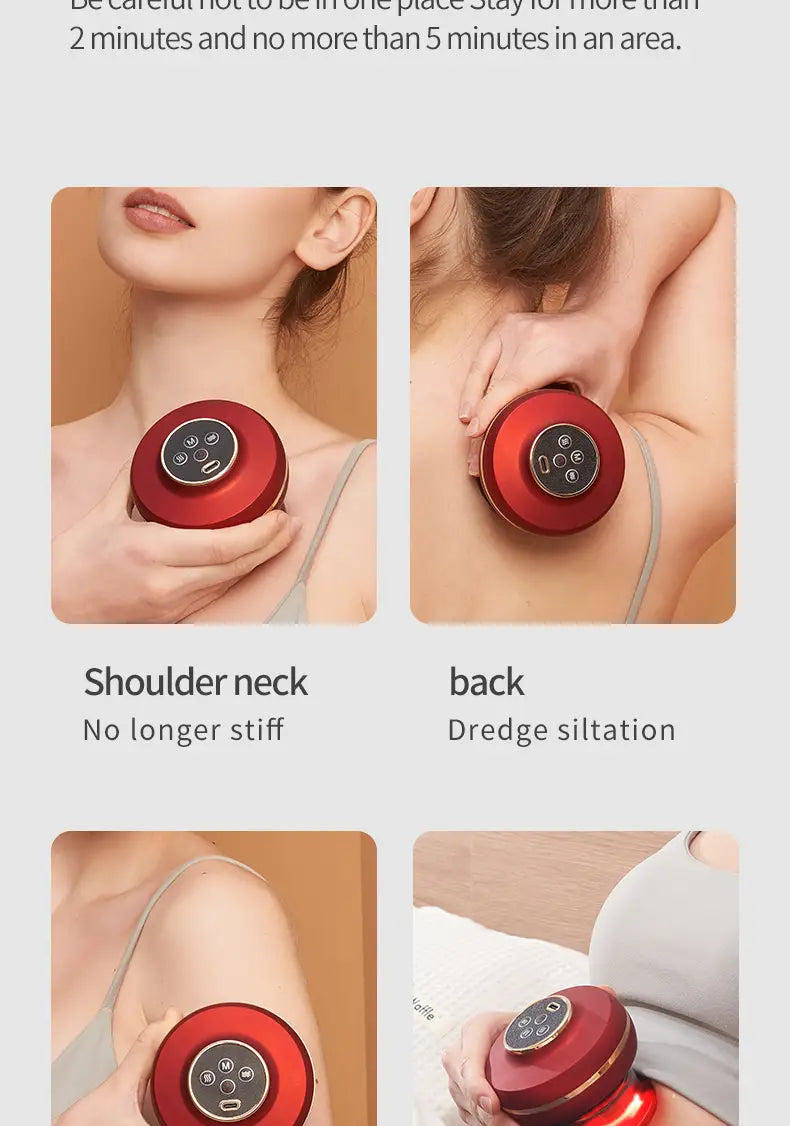 Massageador elétrico de sucção portátil vermelho, com painel e luz vermelha na pele
