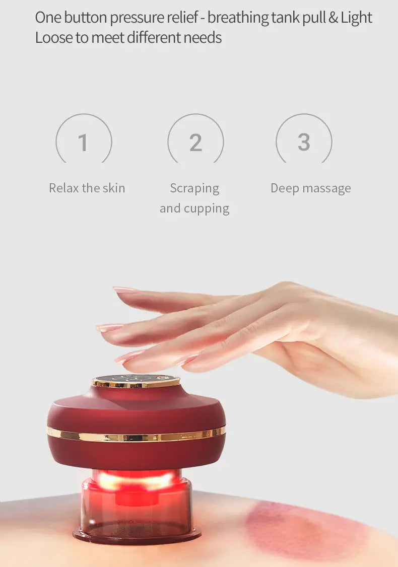 Massageador portátil de ventosas elétricas com luz vermelha acionado sobre a pele