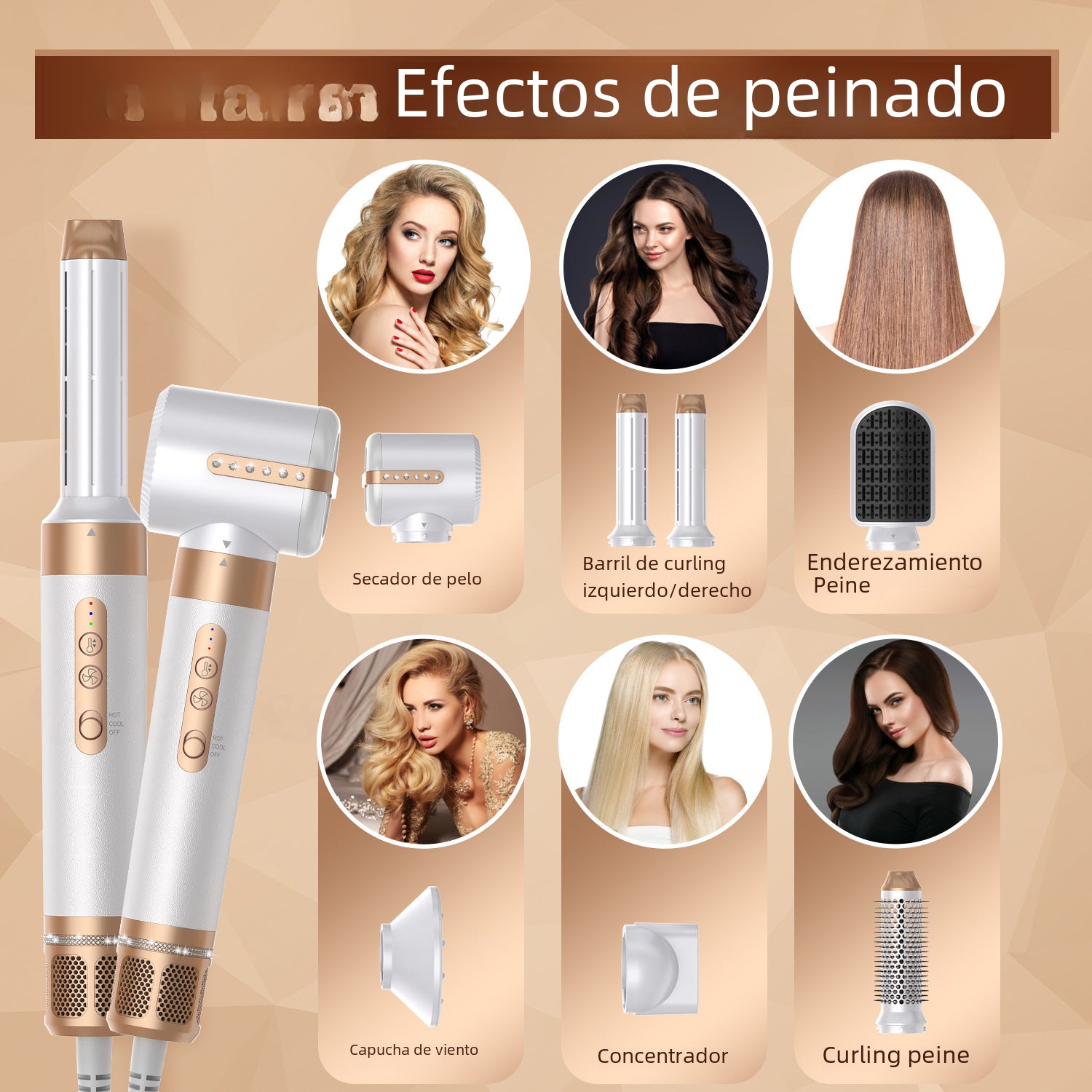 Escova modeladora 7 em 1 com tubos e escovas para cabelo, bicos de ar quente
