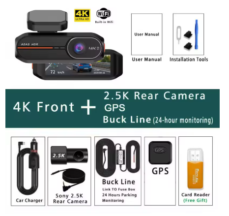 Dash Cam WiFi GPS ADAS Front 4K Rear 2.5K DVR Video Recorder 24H Night Vision Dashcam
