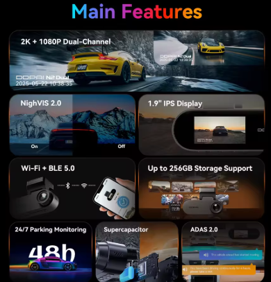 DDPAI N2 Dash Cam 2K Front & Rear – Night Vision, 24H Parking, ADAS & WiFi App