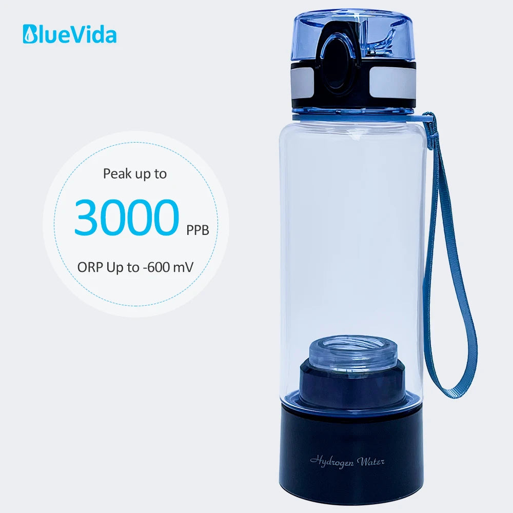 Garrafa geradora de água com hidrogênio BlueVida, tampa azul e alça azul escura