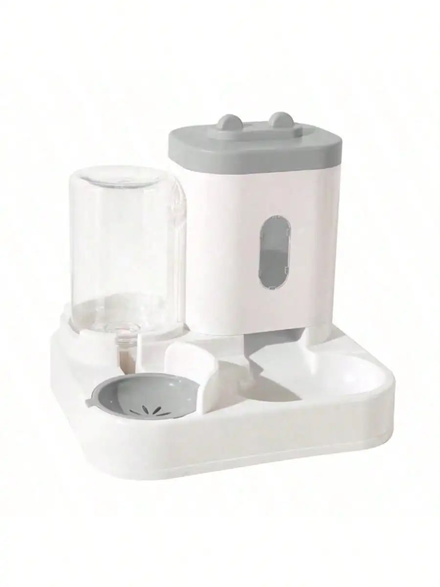 Dispenser automático para gatos com bebedouro e comedouro, base branca e tampa cinza.