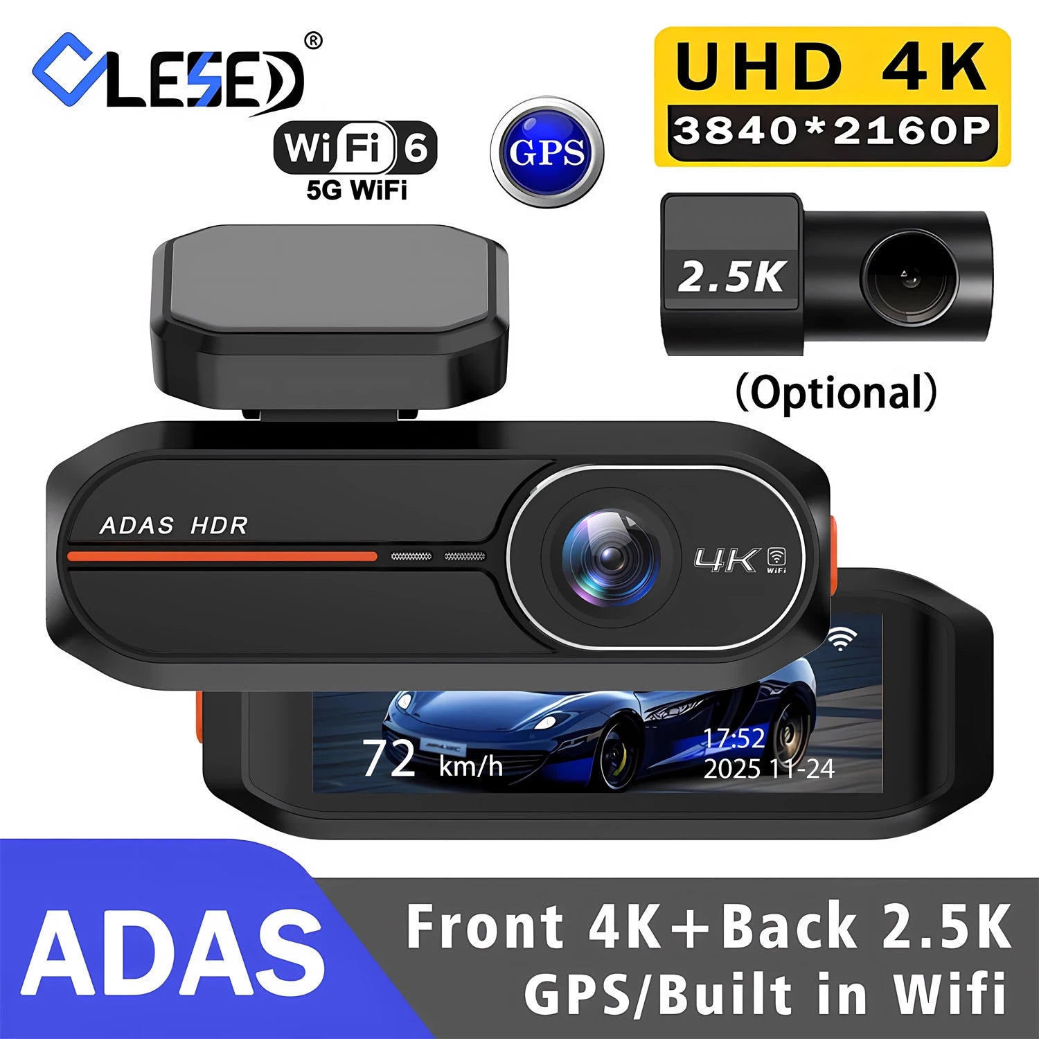 Dash cam frontal preta com Wi‑Fi 5G, GPS e gravação 4K, lente frontal.