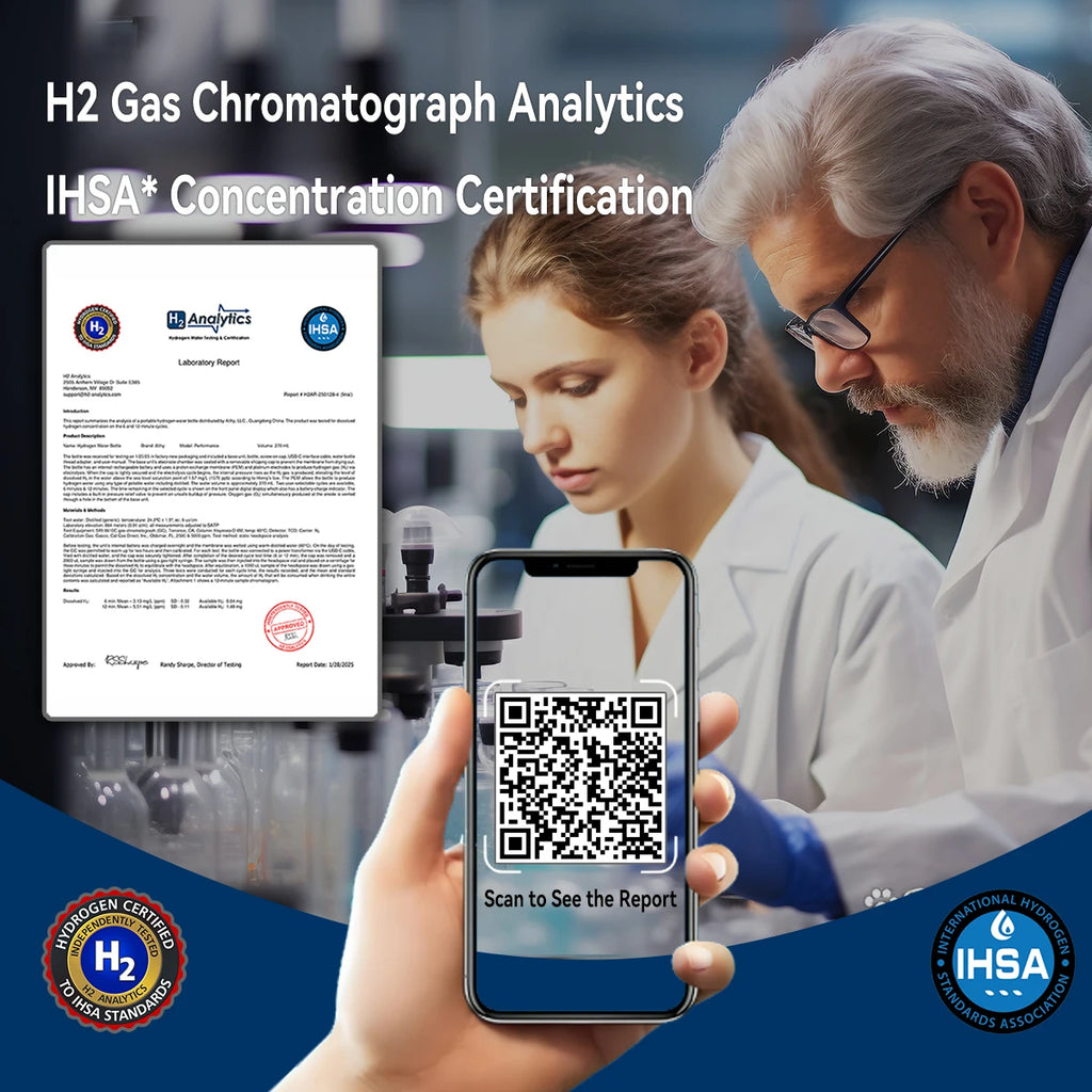 Certificação IHSA* de concentração H2 exibida em celular e documento