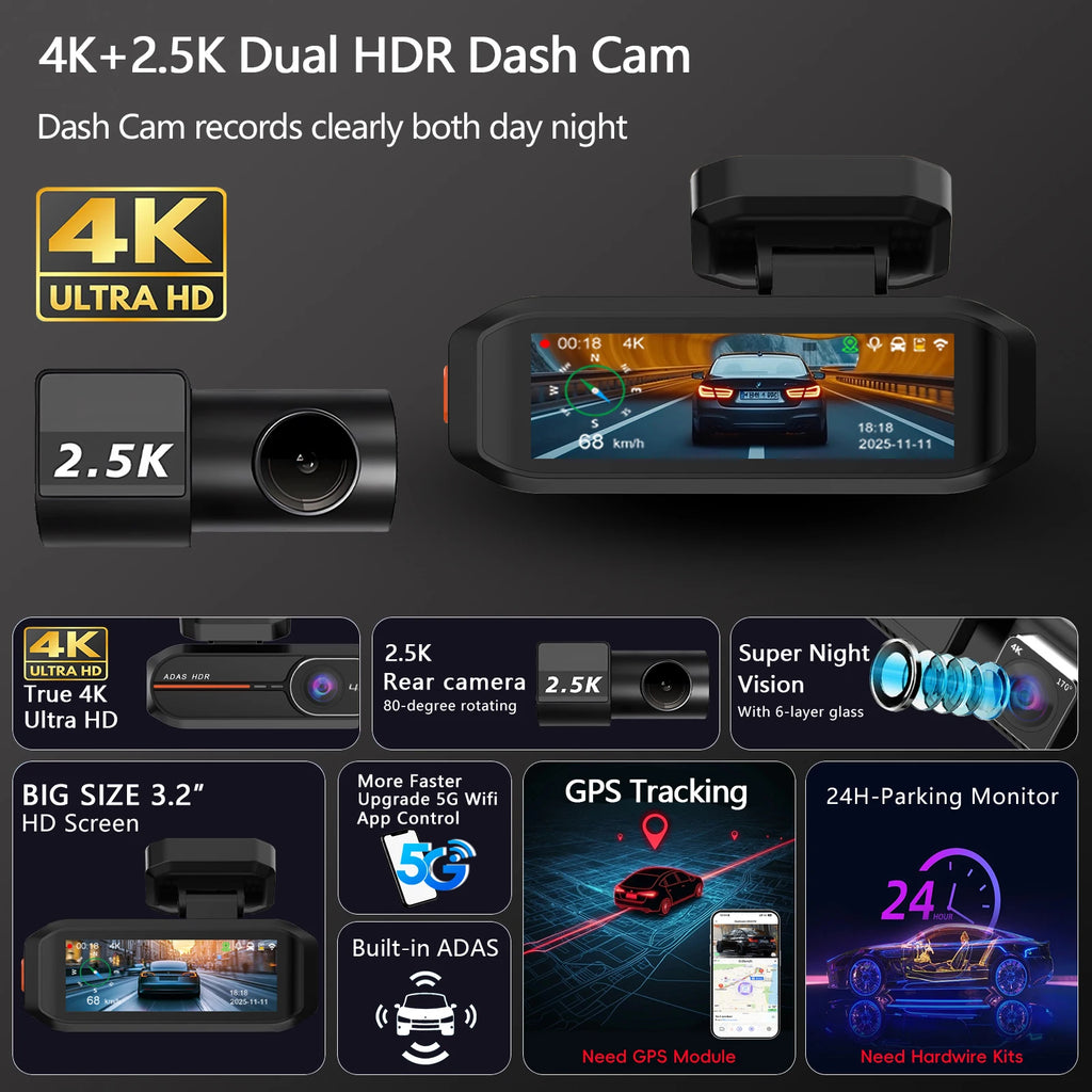 Dash cam dupla 4K + 2,5K com HDR e visão noturna, módulo GPS.