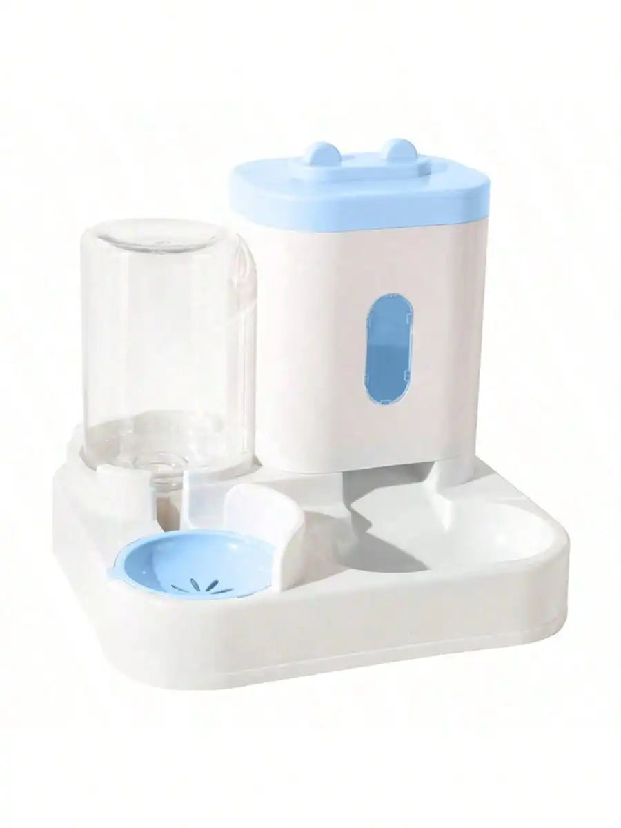 Bebedouro e comedouro automático para gatos branco com tampa azul e tigela de água