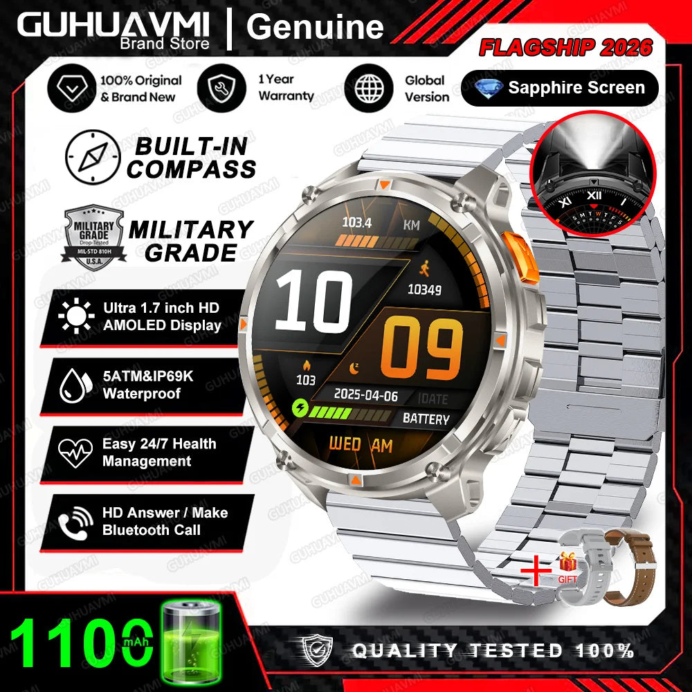 Smartwatch redondo prateado com pulseira metálica e mostrador digital laranja