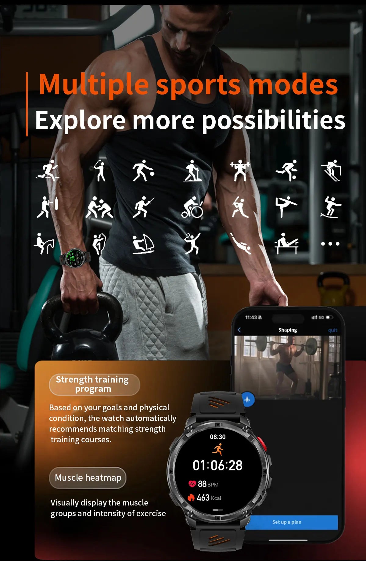 Smartwatch na pulseira escura no pulso, com tela digital visível