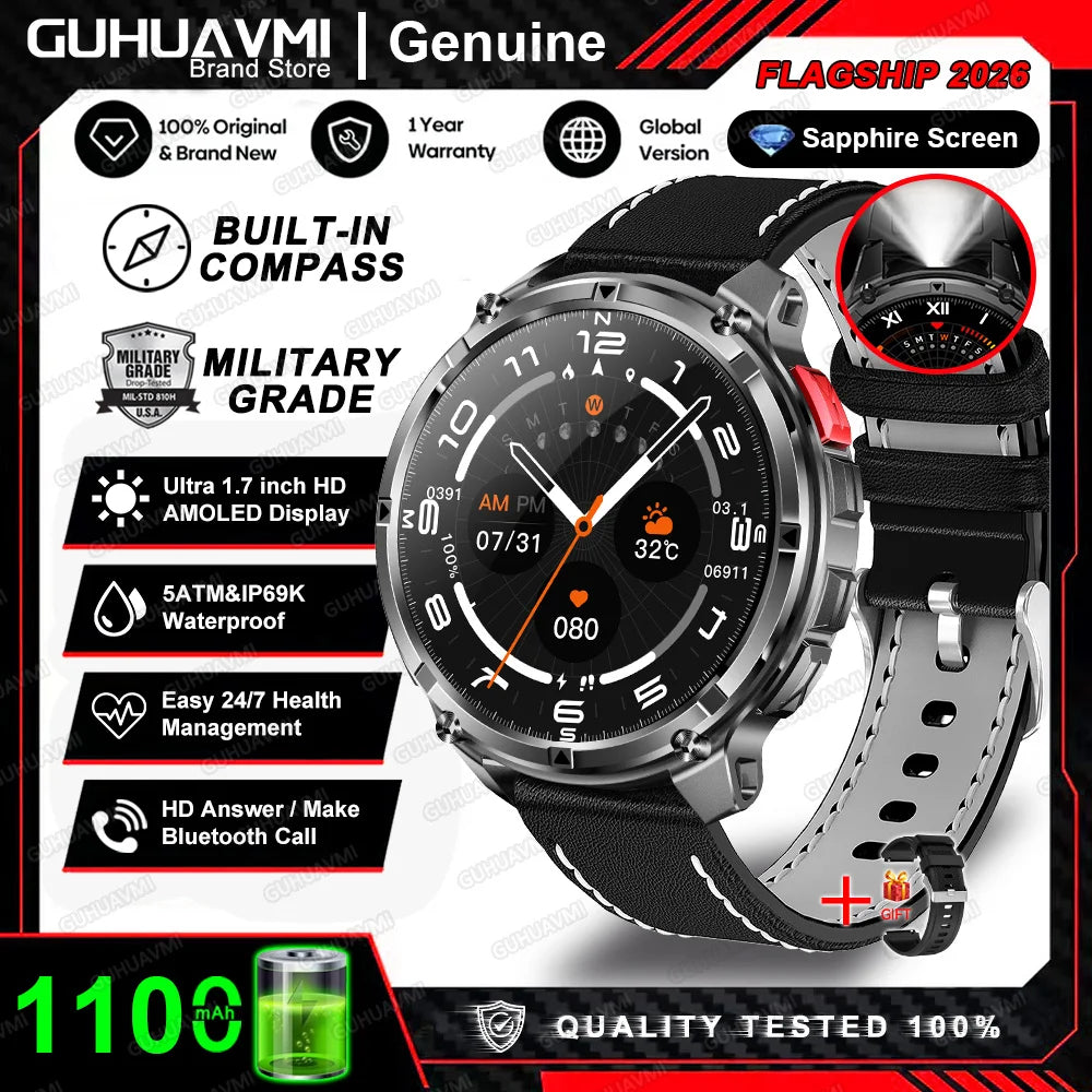 Smartwatch preto com pulseira de couro e mostrador digital com detalhes laranja