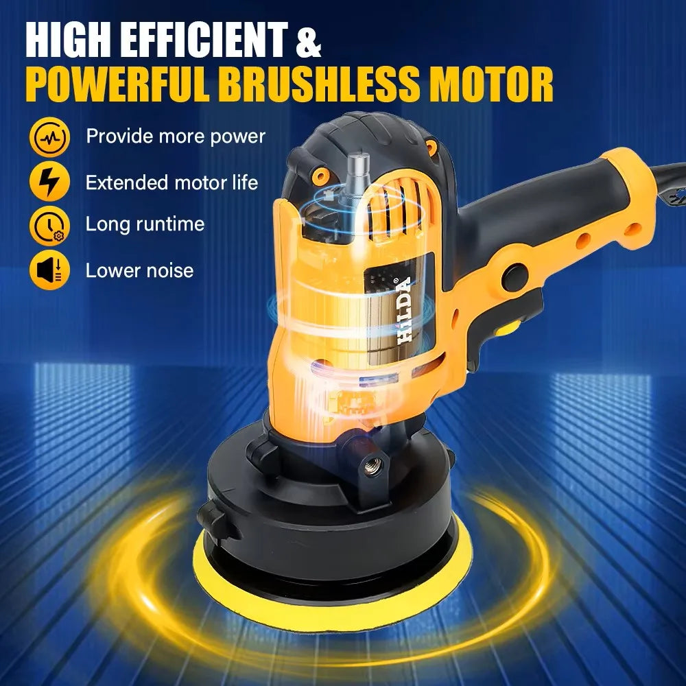 Politriz automotiva com motor brushless laranja e base de disco amarela