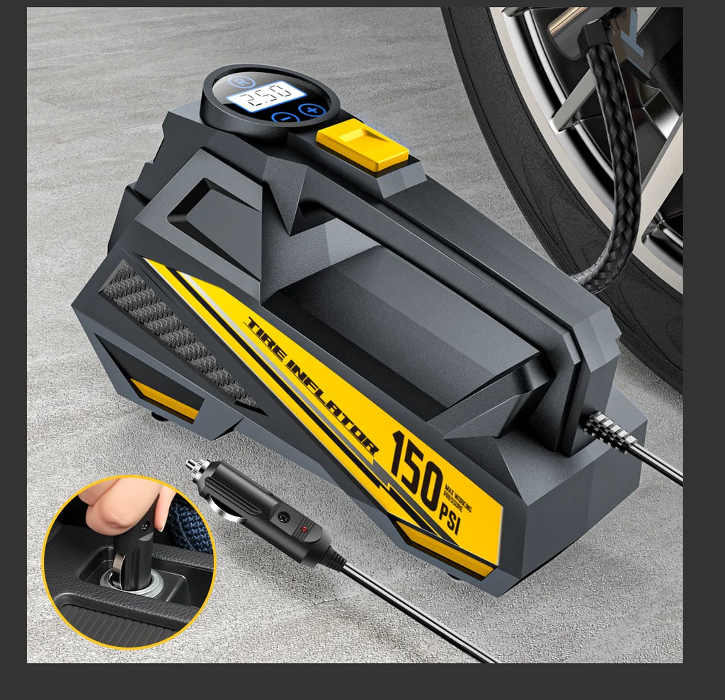 Bomba de ar portátil 12V com mangueira e bico para calibrar pneus do carro