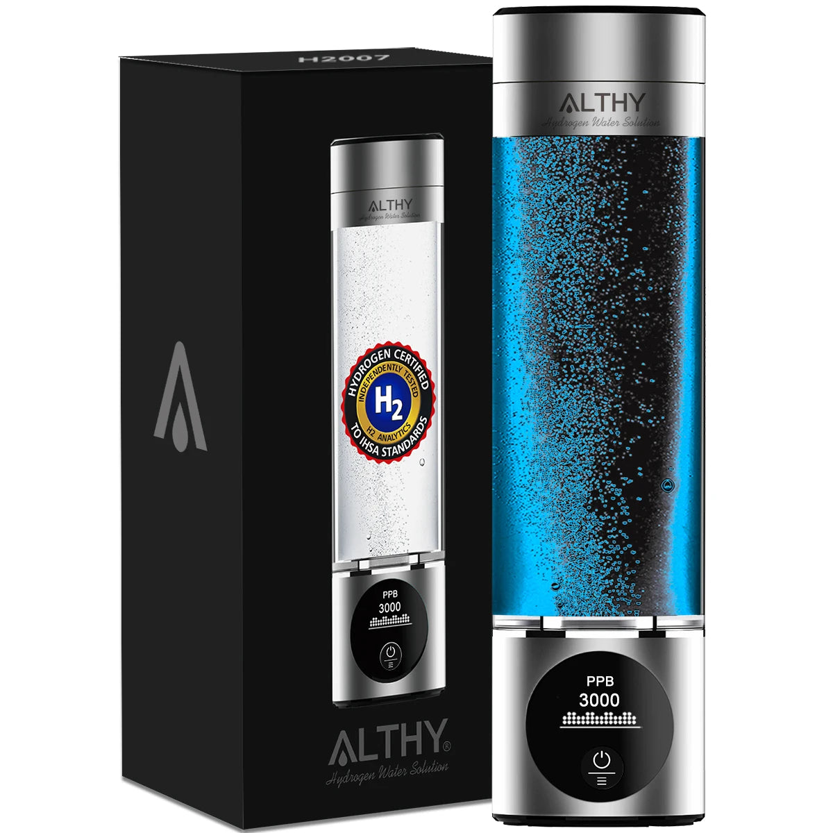 Gerador de hidrogênio ALTHY H2-007 com cilindro azul e display PPB 3000