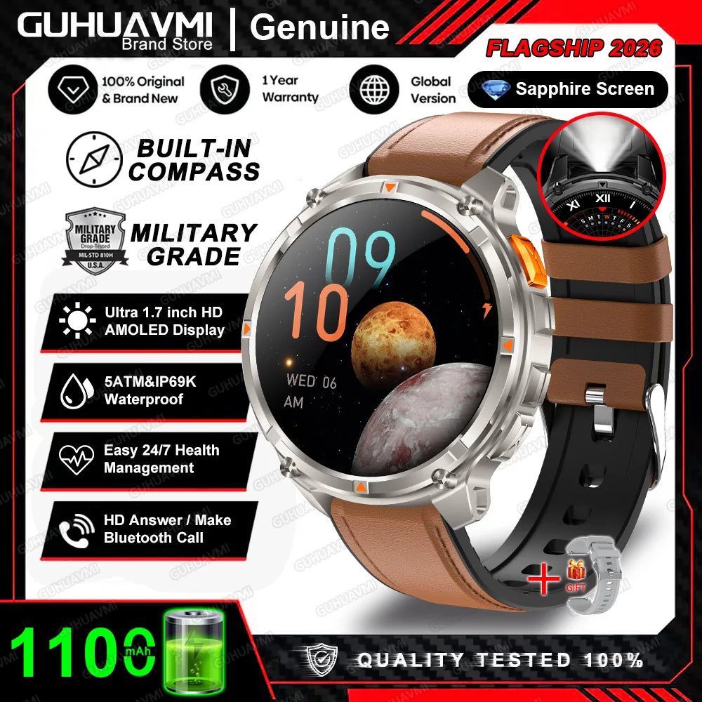 Smartwatch com pulseira de couro marrom e mostrador prateado circular