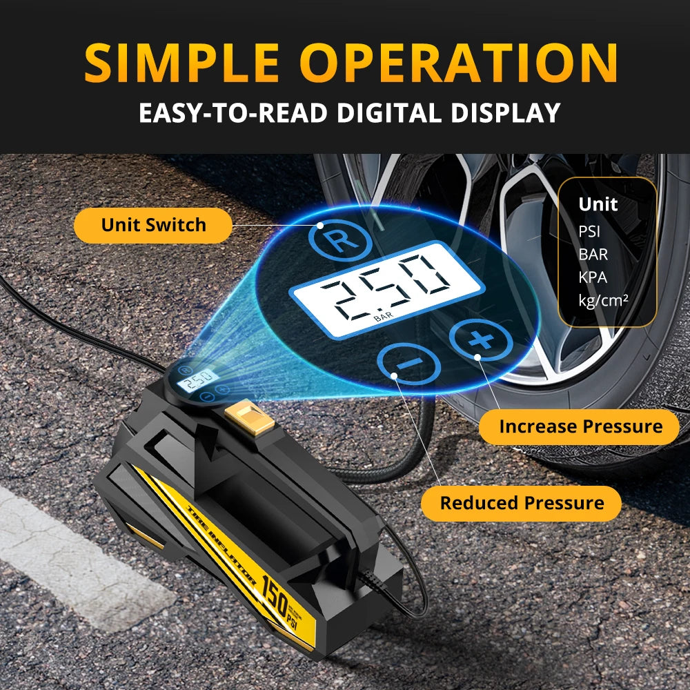 Bomba 12V com display digital e botões de controle para ajustar pressão do pneu