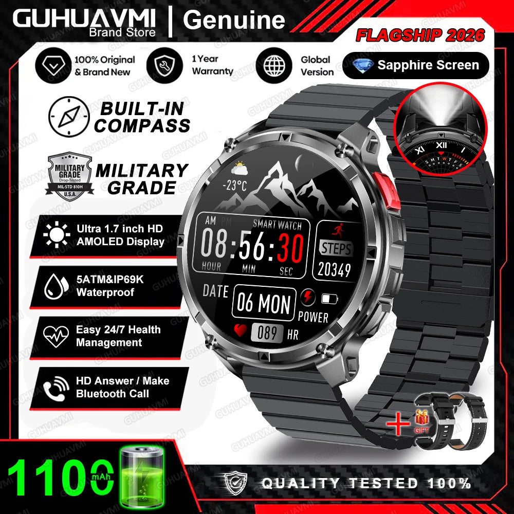 Smartwatch redondo preto com pulseira metálica preta e mostrador digital