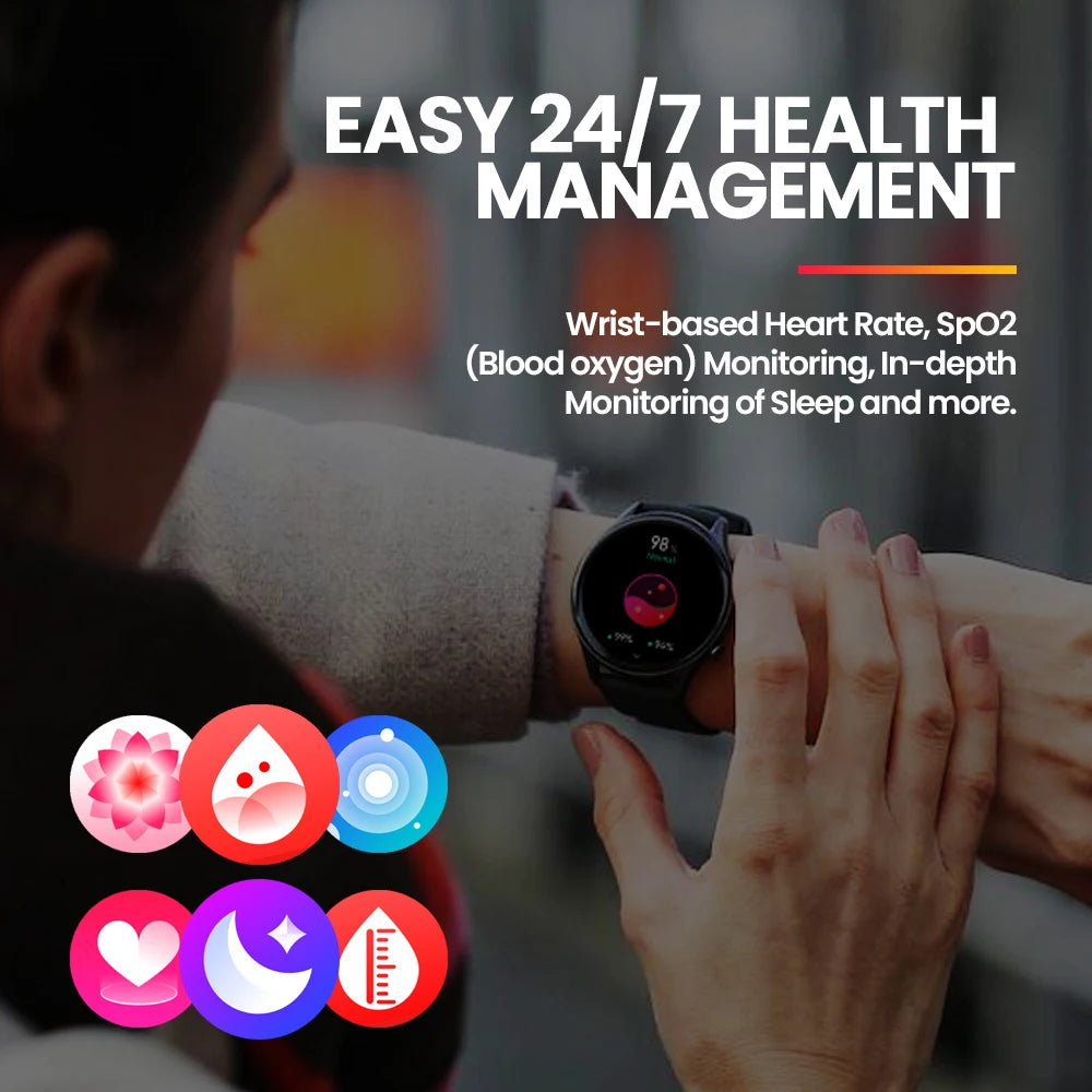 Smartwatch com mostrador circular e pulseira preta no pulso