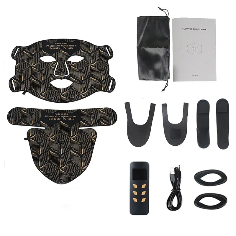 Máscara facial LED preta com padrão floral, alças, controladora e cabos, kit completo