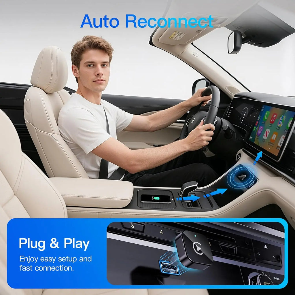 Adaptador sem fio CarPlay e Android Auto instalado no painel do carro