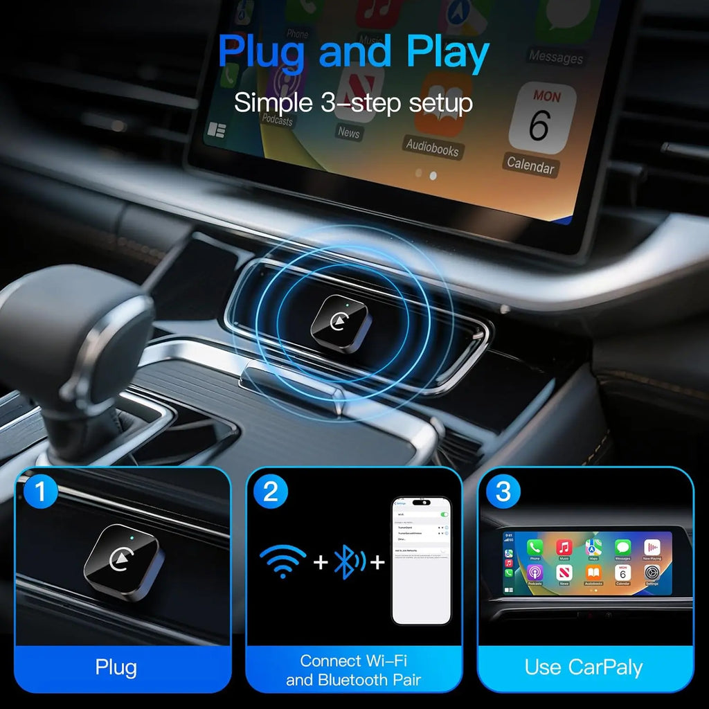 Adaptador plug-and-play sobre o console do carro com instruções de uso
