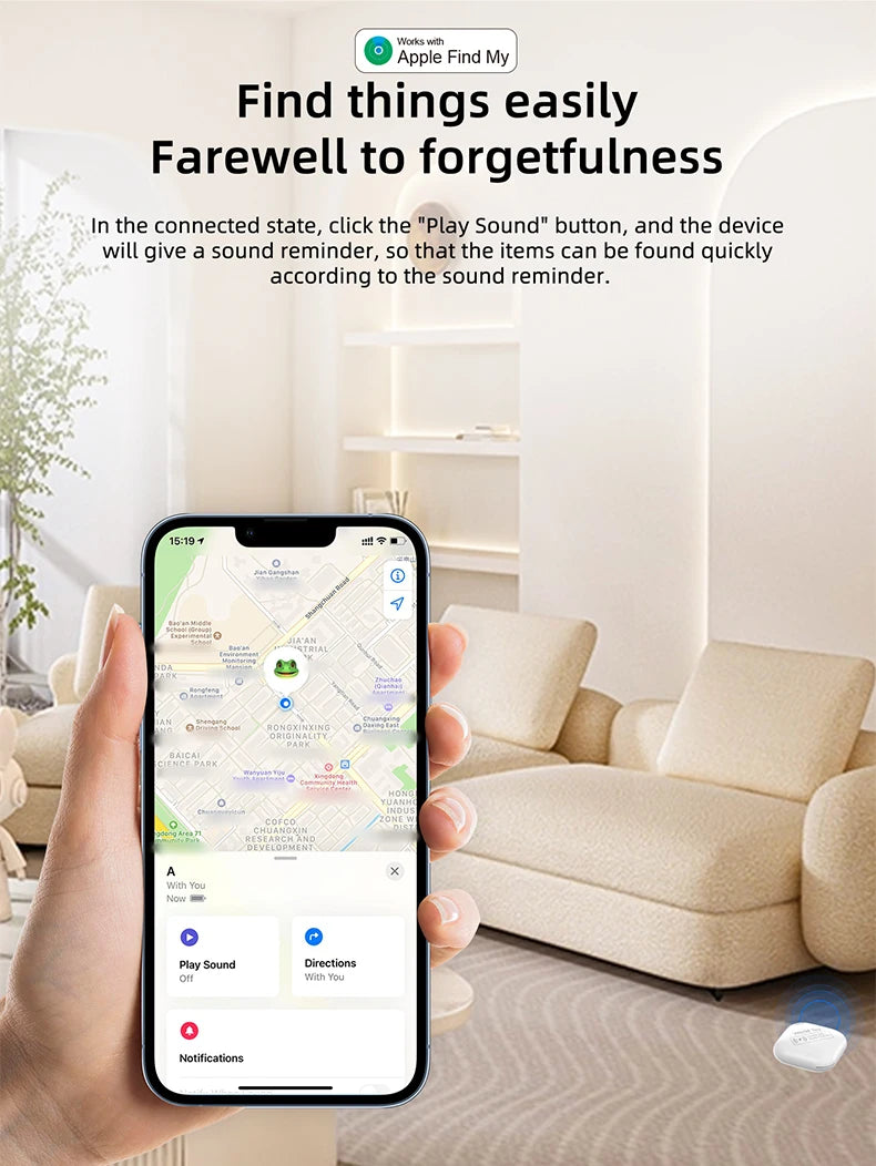 Rastreador Bluetooth para pets com tela do app Find My mostrando mapa e opções