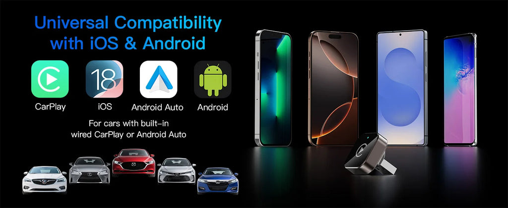 Adaptador sem fio CarPlay e Android Auto com base e cabo, conector USB