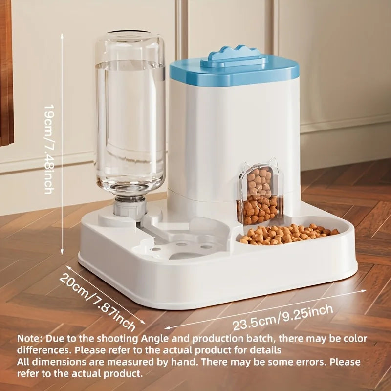 Dispenser automático para gatos com bebedouro e comedouro, base branca e tampa azul.