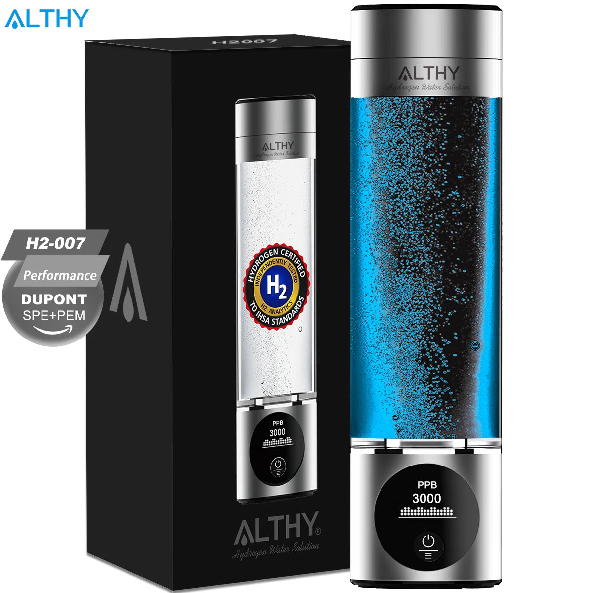 Gerador de hidrogênio ALTHY H2-007 com corpo azul e painel PPB na base