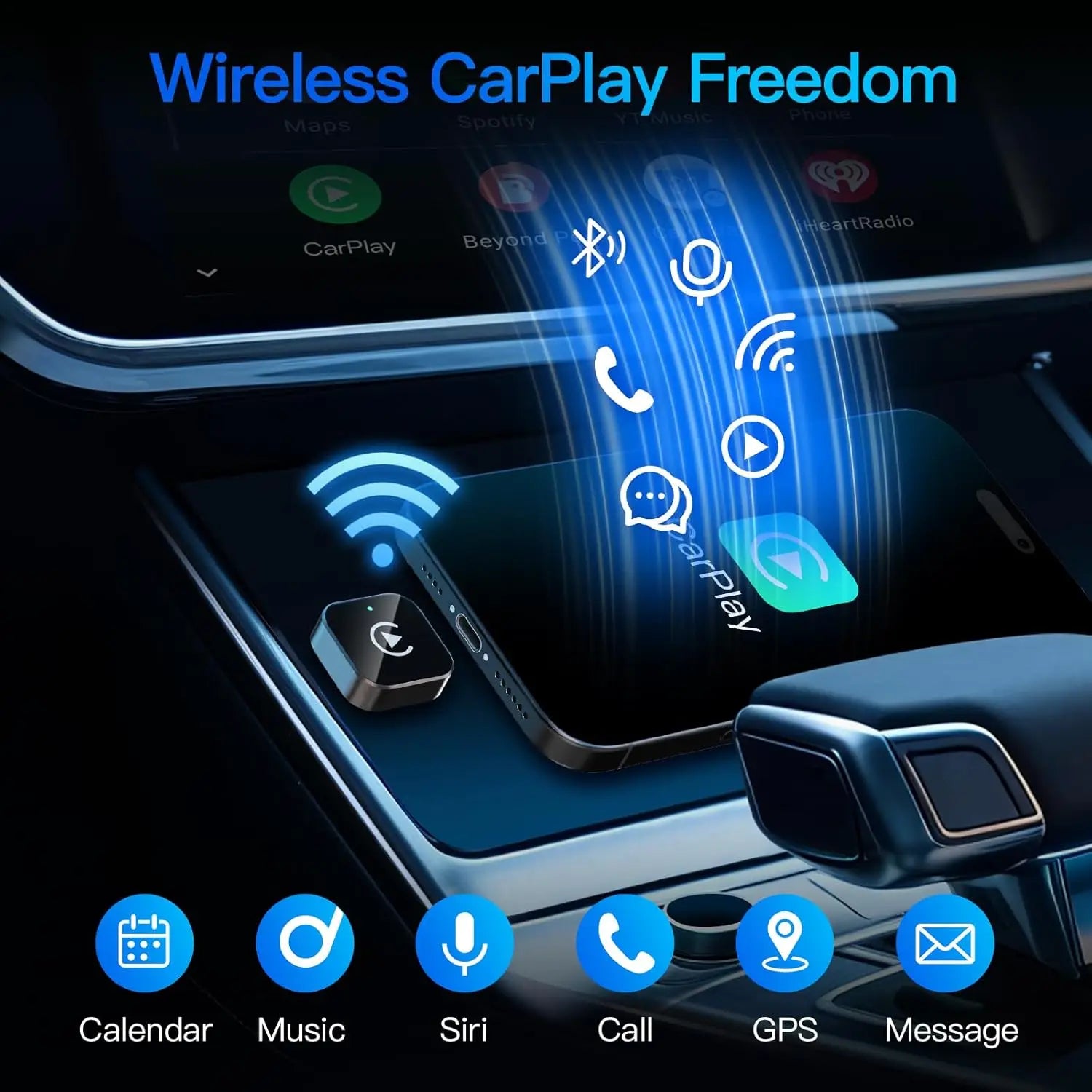 Tela do carro com ícones de conexão sem fio e CarPlay