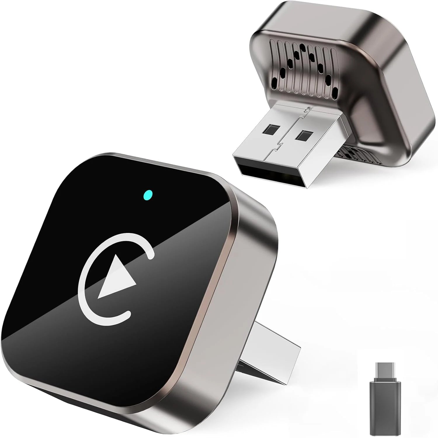 Adaptador sem fio para CarPlay/Android Auto preto e prateado com conector USB