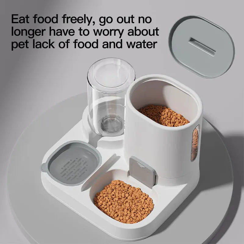 Bebedouro automático para gatos branco com câmara de água transparente e comedouro