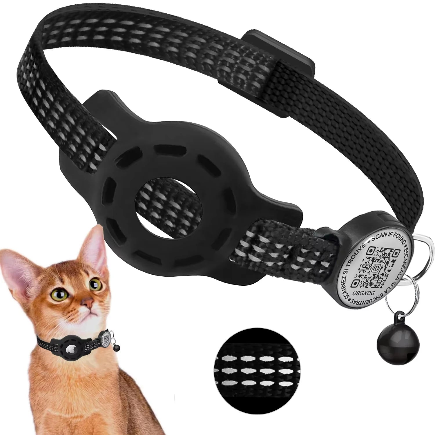 Coleira refletiva para gato preta com suporte AirTag e fecho ajustável