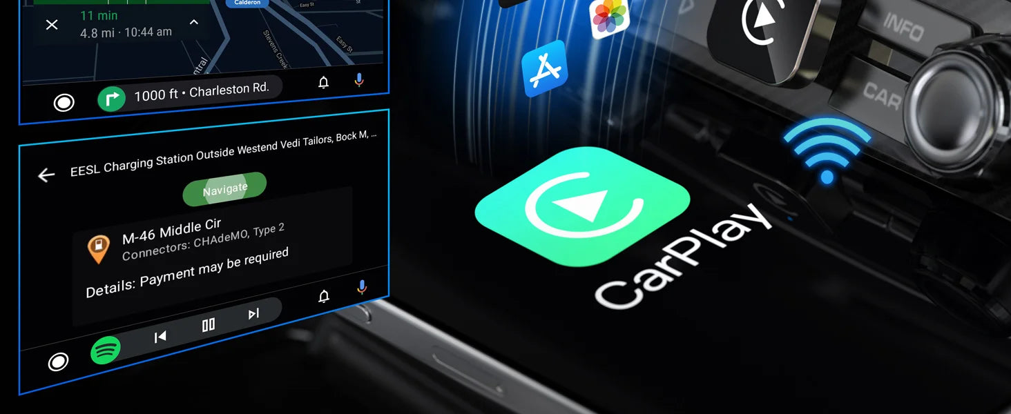 Tela do carro com ícone CarPlay e notificações de apps