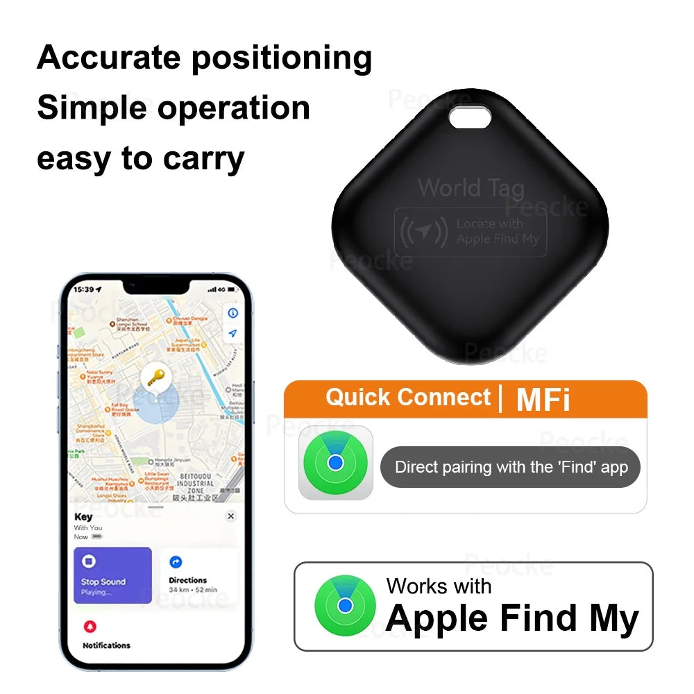 Mini rastreador Bluetooth preto em formato quadrado, com furo para prender ao acessório