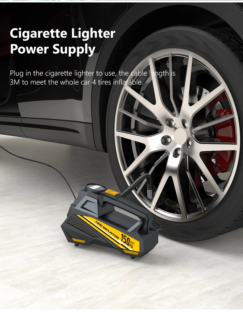 Bomba 12V com tomada para isqueiro e bico conectados ao pneu do carro