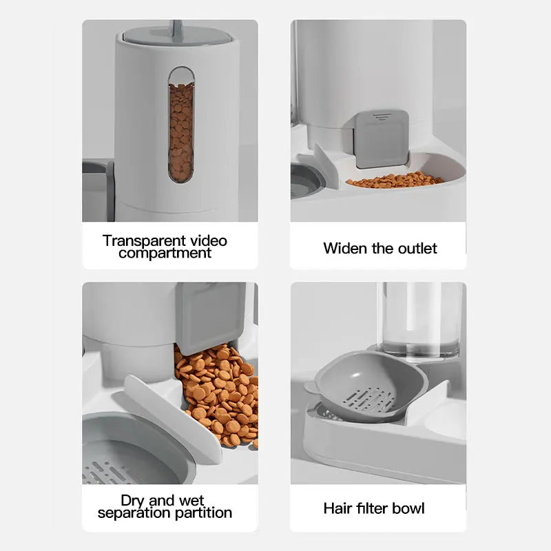 Bebedouro e comedouro automático para gatos com divisórias internas e filtro na bandeja