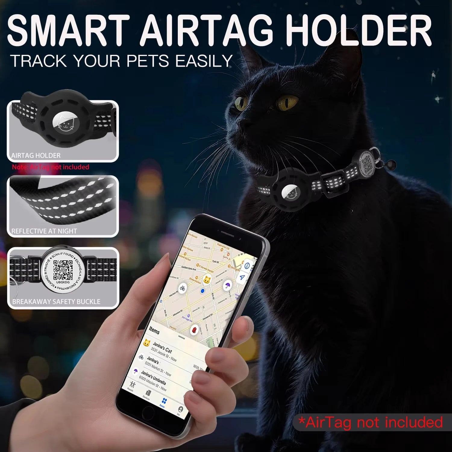 Coleira preta para gato com suporte AirTag, QR code e sino removível