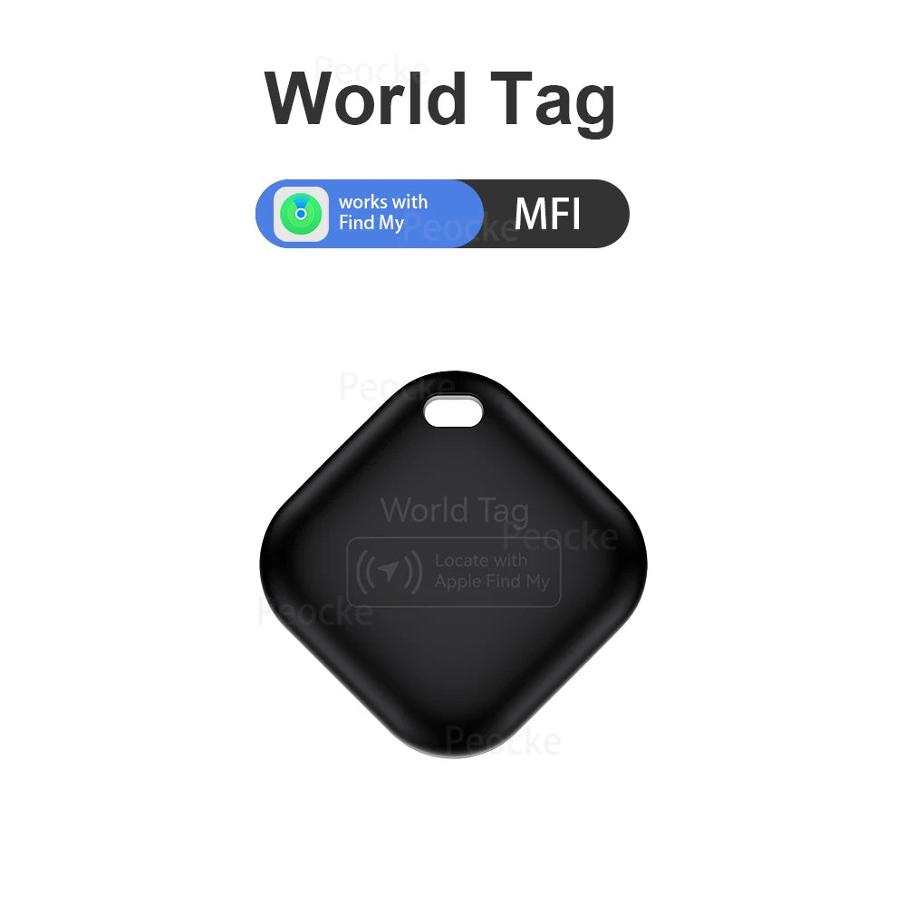 Rastreador Bluetooth para pets preto, formato quadrado, com ilhós de fixação