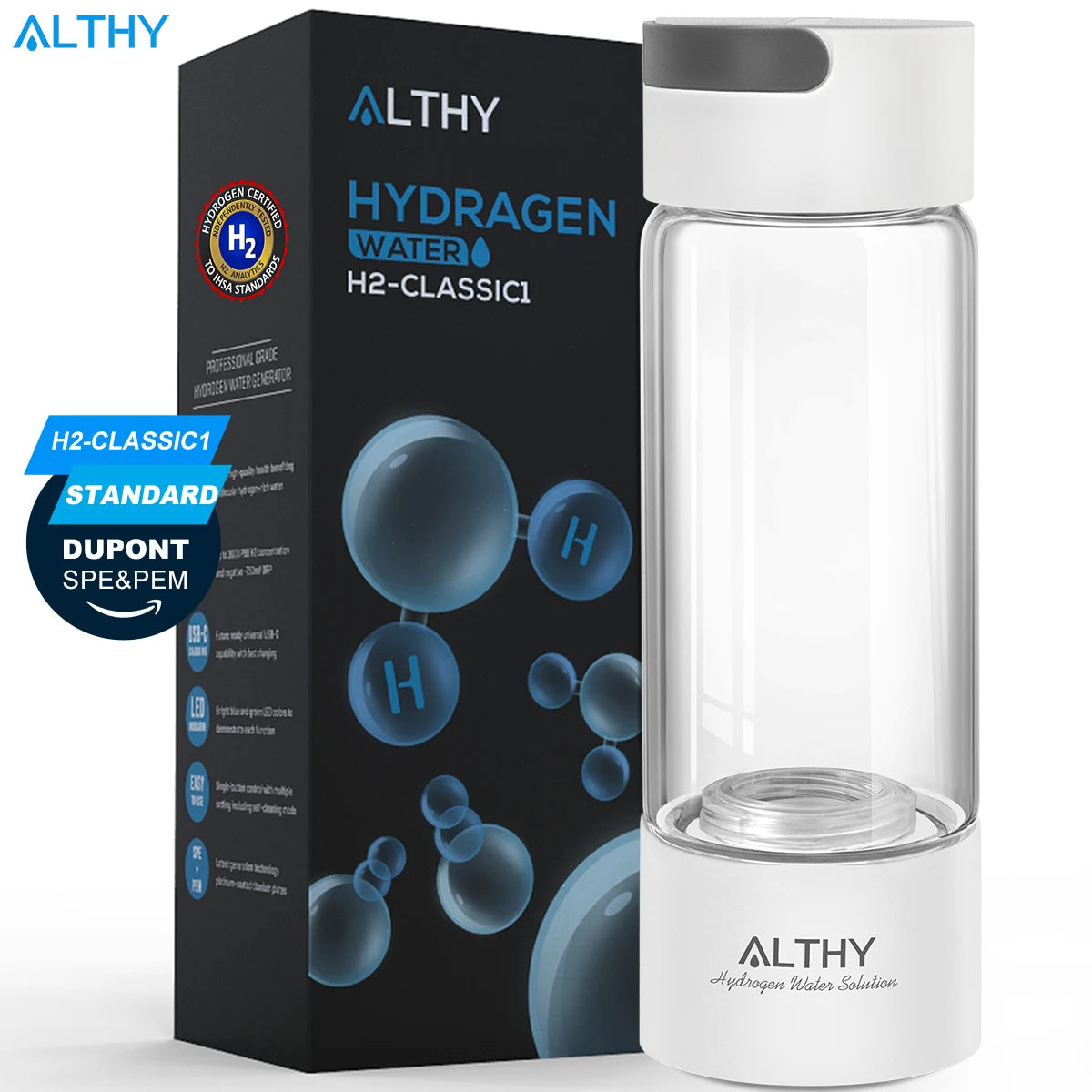 Gerador de água com hidrogênio ALTHY com corpo de vidro e base branca, tipo frasco