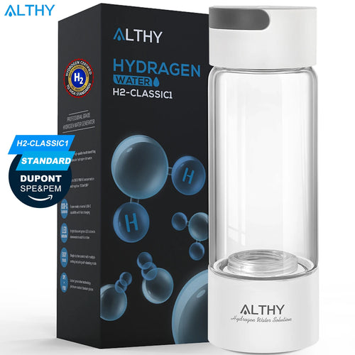 Gerador de água com hidrogênio ALTHY com corpo de vidro e base branca, tipo frasco