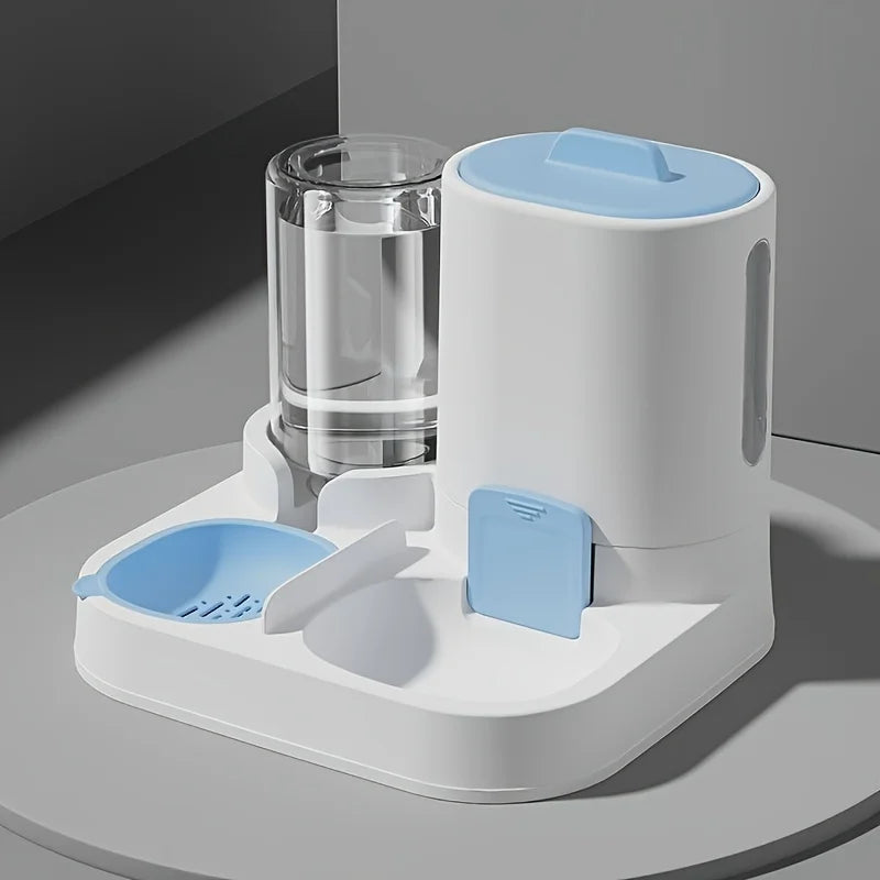 Bebedouro e comedouro automático para gatos branco com tampa azul e bandeja