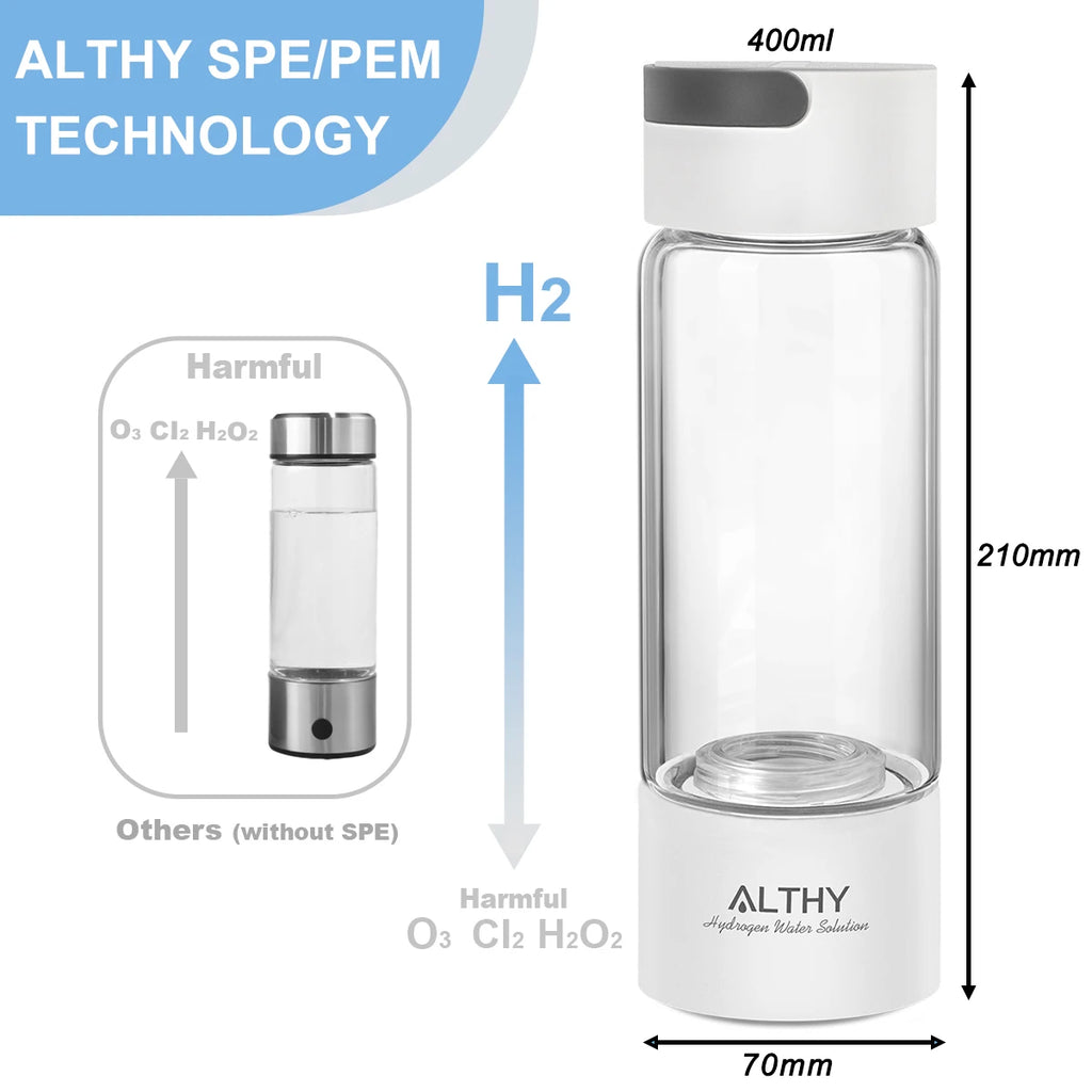 Gerador de água com hidrogênio com frasco de vidro transparente de 400 ml e tampa