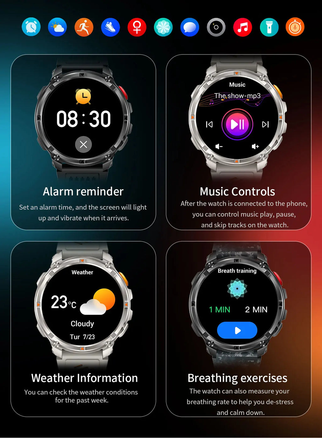 Smartwatch com telas de alarme, música, clima e respiração no visor